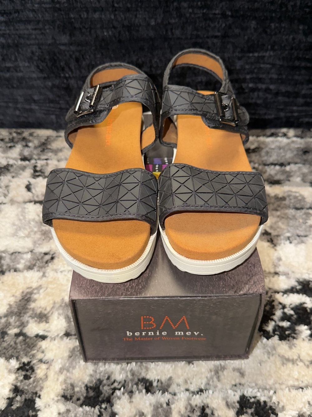 bernie mev. Black Textured Strap Sandals with Tan Footbed